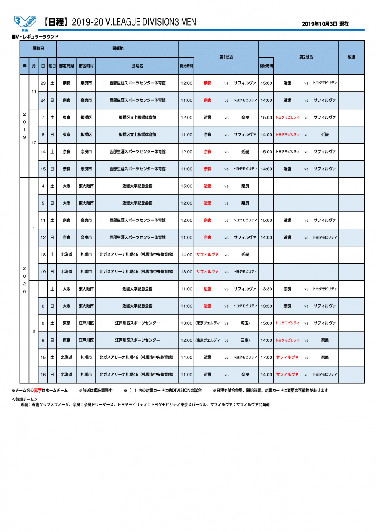 試合の予定表